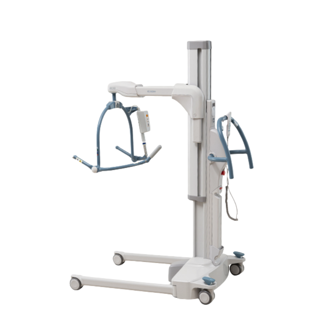 The ARJO Maxi Move 5 is a white and blue multifunctional patient floor lift with wheels, adjustable arm, and control panel, designed for safer handling and transfer of individuals with limited mobility in medical or home care.